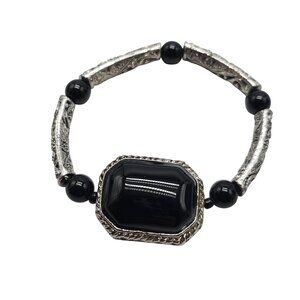 Black Onyx Colored Medallion Embossed Silver Tone Bead Stretch Bracelet